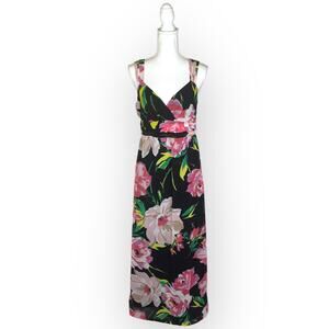 Ann Taylor Women Sleeveless Maxi Dress Sz 4 Black Pink Floral Sheer Resort Dress